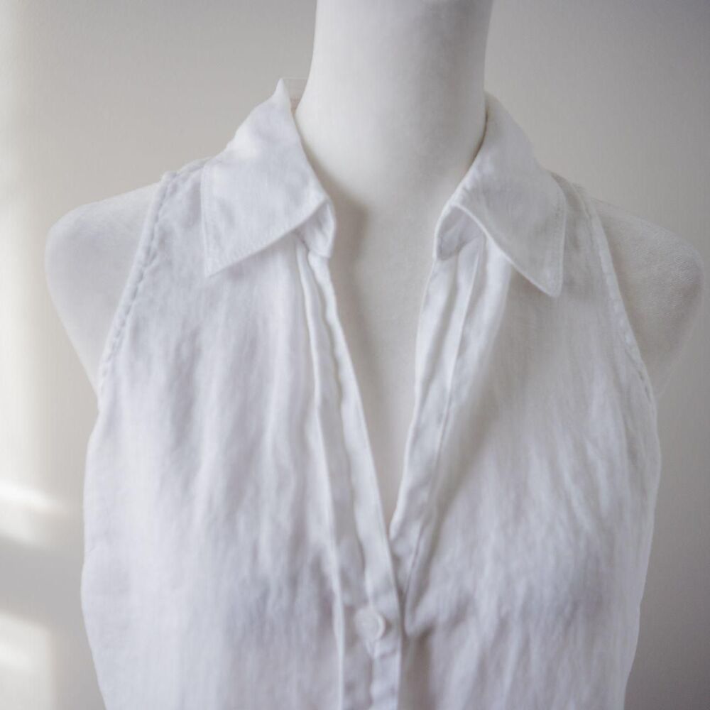Classic White Linen Sleeveless Summer Beach Cottage Button Collared Womens Shirt - Picture 2 of 8